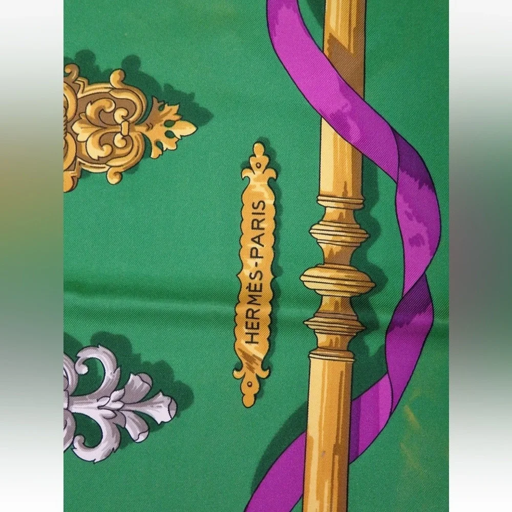 Hermes Green and Gold Scarf with Purple Accents - Picture 8 of 15